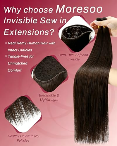 Image of Moresoo Genius Weft Sew in Human Hair Extensions, Medium Brown, 20 Inch 60g | Remy human hair with flowing texture and added volume for weddings, photoshoots and special occasions