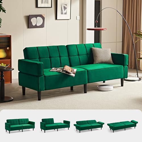 LINSY HOME Sofa mit Schlaffunktion, Schlafsofa mit Verstellbarer Rückenlehne Armlehnen, 3 Sitzer Sofa mit Bettfunktion aus Samtstoff, 230 x 100 cm Liegefläche, Ideal für Wohnu (Grün) LINSY HOME Sofa mit Schlaffunktion, Schlafsofa mit Verstellbarer Rückenlehne Armlehnen, 3 Sitzer Sofa mit Bettfunktion aus Samtstoff, 230 x 100 cm Liegefläche, Ideal für Wohnu (Grün)