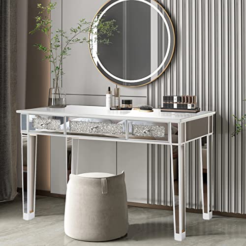 HomVent Modern Vanity Desk with Storage,Silver Makeup Desk with Glass Top,Mirrored Vanity Table for Girls/Women,Mirrored Dresser for Bedroom
