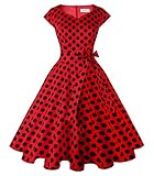 Kingfancy Women Vintage 1950s Dress Retro Cocktail Party Swing Dresses with Cap Sleeves Red Black Dot L