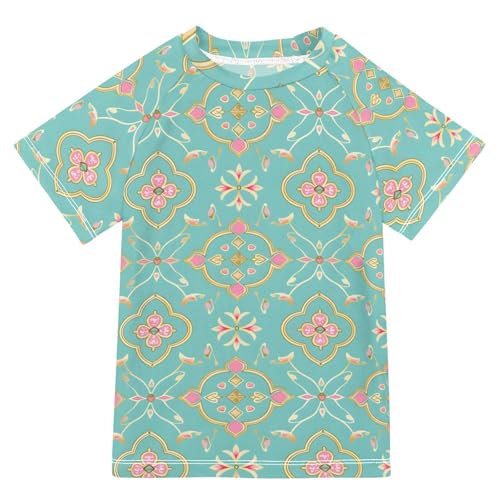 ALAZA Kids Rash Guard Boys Toddler Swim Shirts Short Sleeve Metallic Gold Flowers UPF 50+ 3T