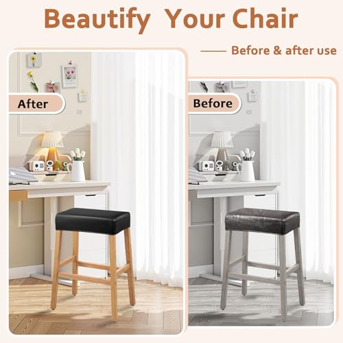 Image of PU Leather Bar Stool Covers Rectangular, 100% Waterproof Stool Covers Rectangle Super Stretch 20% Thicker Leather Saddle Stools Cover Rectangular Counter Bar Stools with Elastic Band (4 PCS, Black)