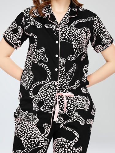 Image of ZEYO Night Suit For Women's Leopard Printed Cotton Night Dress Of Shirt,Pajama & Short's 3Pc's Pajama Set 5731