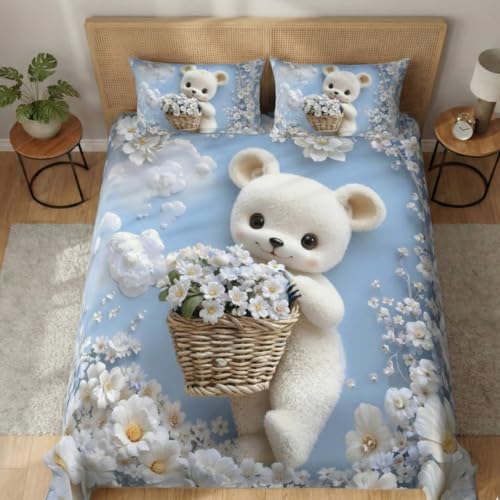 Image of 7D Fairy Tale Cozy Teddy Collection Double Bedsheet 90x100 inch with 2 Pillow Covers | Good Stitching, Soft Fabric & Vibrant 7D Digital Print for Kids & Couples (Blue)