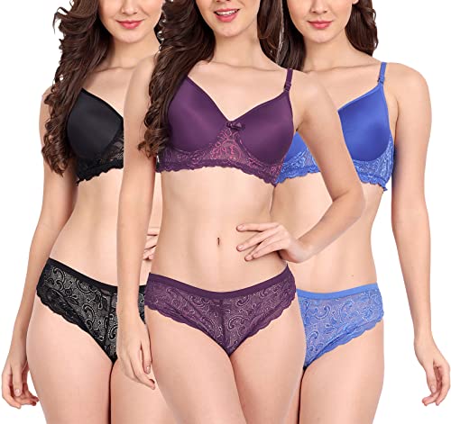 Image of FIMS - Fashion is my style Women Cotton Floral Lace Padded, Non-Wired, Full Coverage, Seamless Bra Panty Set, Multicolor, Lingerie Set