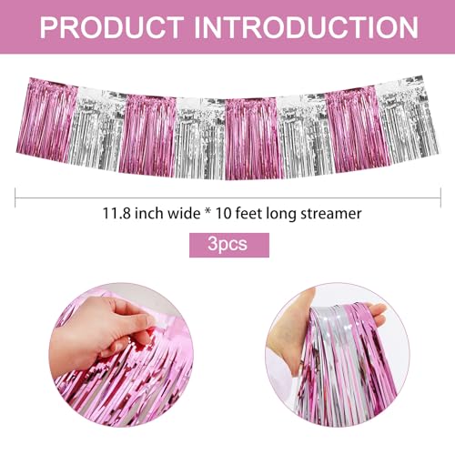 Image of BEISHIDA 3 Packs Metallic Foil Fringe Garland Pink Silver Wall Hanging Tinsel Fringe Banners for Car Floats Birthday Baby Bridal Shower Wedding Graduation Holiday Party Decoration(30 Feet)