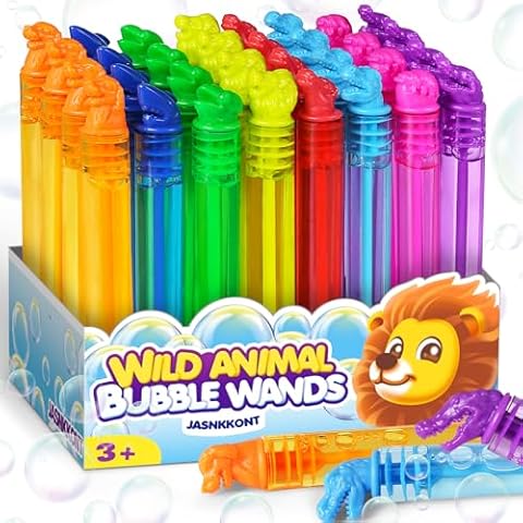 32Pcs Mini Animal Bubble Wands Bulk, Jungle Party Favors for Kids, Wild Birthday Decoration, Goody Bag Filler, Pinata Stuffed Supplies, Carnival Prizes, Treasure Box, Summer Outdoor Gifts for Girl Boy Cover