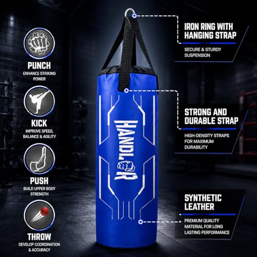 Image of Handler Synthetic Leather Unfilled Punching Bag for Boxing, MMA & Home Training - Heavy Duty Hanging Bag for Adults & Kids, Kickboxing, Karate, Taekwondo (3,4,5 ft) (Blue, 2 Feet (24 Inches))