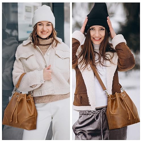 Image of S-ZONE Genuine Leather Purses for Women Crossbody Drawstring with 2 Straps | Top Grain Leather, Bucket Bags Crossbody Shoulder Top Handle, Multi Pockets, Vintage Casual, Travel Everyday
