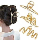 3 PCS Gold Metal Hair Claw Clips for Thick Long Hair, 4.3' Wave Cross Geometric Shape Non-slip Giant Crab Catch Barrettes Hairgrip, Trendy Elegant Women's Hair Accessories Headwear Gift