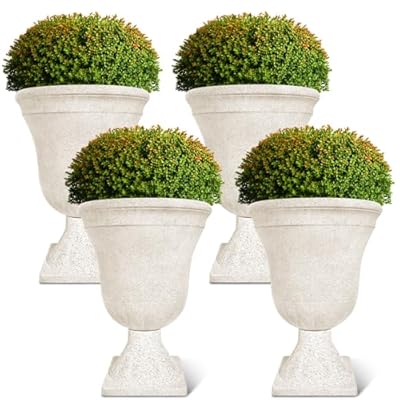 Dandat 4 Pack Large Outdoor Urn Planter 22 inch Tall Plastic Planter for Front Proch Classic Vase Decorative Garden Pot for Indoor Outdoor Door Patio Deck Decor(White)