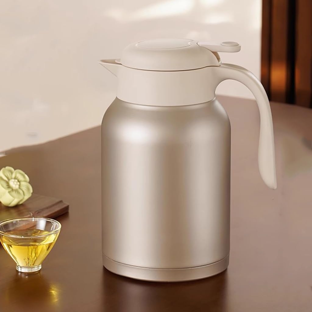 LEIYTFE Vacuum Coffee Pot Teapot,Thermal Kettle with Stainless Steel Liner,Removable Tea Filter Teapot Double Walled Insulated Pot Water Coffee and Beverage Dispenser(White-Gold,1.6L)