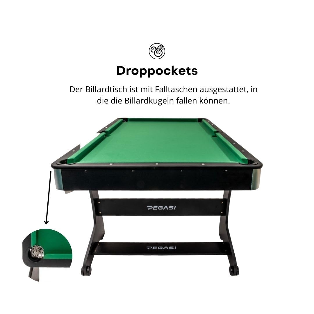 Pegasi Billardtisch 6ft Spider - Billardtisch 6ft - Tischbillard - Zusammenklappbar - Pool Table für Erwachsene - Indoor - Premium Qualität - Schwarz