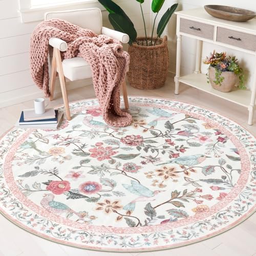 Image of Rugalia Pink Floral Round Rugs 4ft, Washable Boho Circle Rug for Girls Bedroom, Soft Non-Slip Botanical Nursery Circular Carpet, Modern Flower Birds Throw Rug for Kids Room Living Room