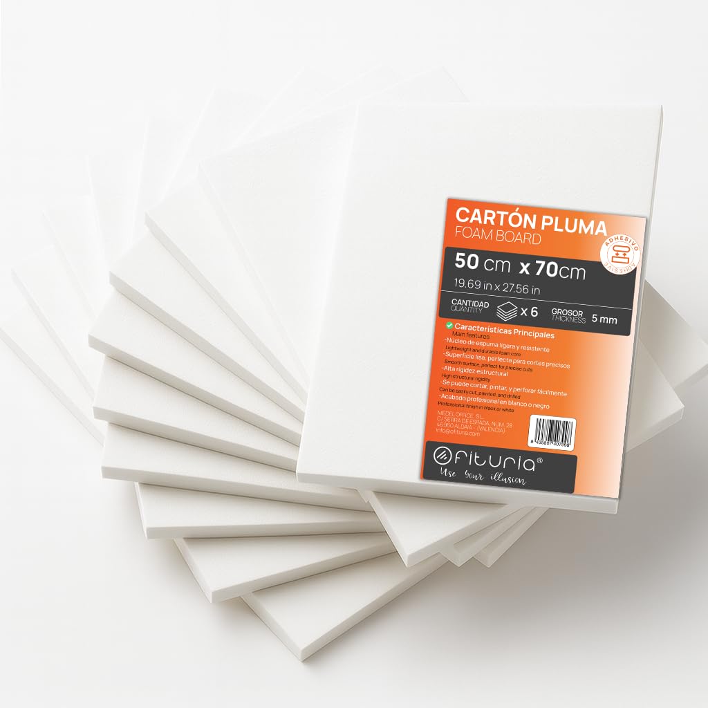 OFITURIA Foam Board, White, Adhesive, 50 x 70 cm, Pack of 6, Expanded Polystyrene Plate, Lightweight and Rigid, Foam Board, Versatile and Cuttable, for Crafts and Models, 5 mm