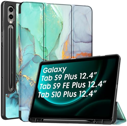 Image of Robustrion Cover for Samsung Galaxy Tab S9 FE+ / Tab S10 Plus /Tab S9 Plus 12.4 inch Cover Case with [S Pen Holder] for Samsung Tab S9 FE Plus /S9+ / S10+ Tablet Cover [Auto Sleep /Wake] - Marble Green