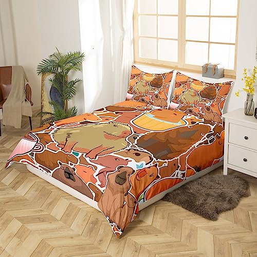 Parure de lit capybara une place avec housse de couette orange et marron - 3