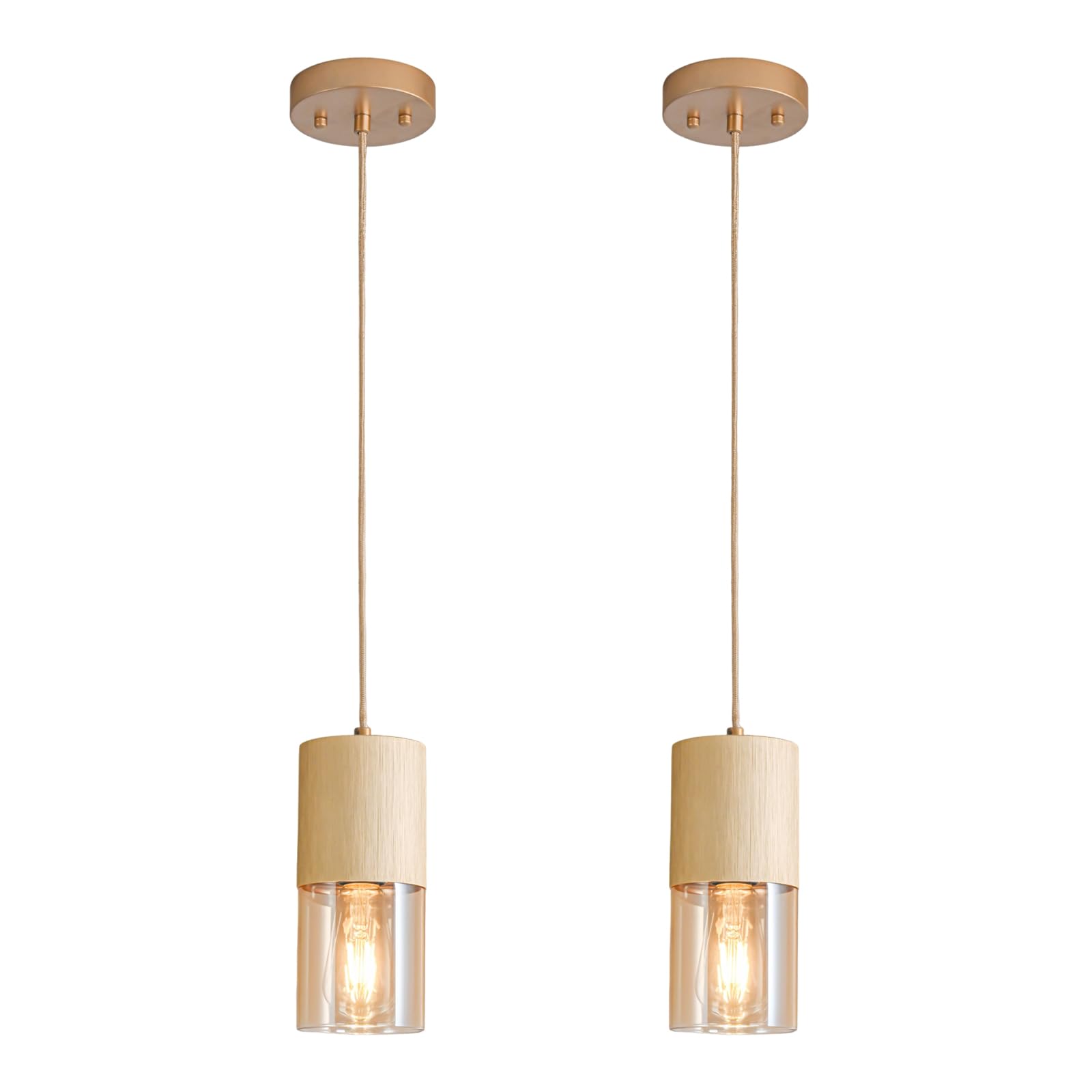 Pendant Light Fixtures, Adjustable Modern Pendant Lights for Kitchen Island, Industrial Amber Glass Pendant Lights for Dining Table Hallway Bedroom Living Room, Gold, 2 Pack