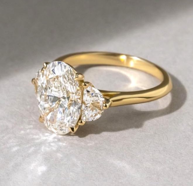 2.50 CT Oval Cut Diamond Engagement Ring, Three Stone Engagement Ring, Side Half Moon Lab Diamonds, 14k Solid Yellow Gold Plated Diamond Ring,Gifted Ring For Her,size 3-12.3