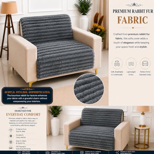 Image of Homerz Premium Rabbit Fur Sofa Cover with Anti-Skid Backing, Soft Plush Fabric Sofa Protector for Living Room Furniture (Grey, 1 Seater, Seat Cover with Backrest)