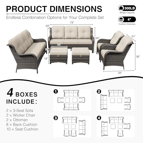 Image of Joyside 6 Piece Wicker Patio Furniture Set, Rattan Patio Chairs with High Back, Deep Seating, Wide Armrest, Thickened Cushions, Outdoor Furniture for Deck, Porch Use