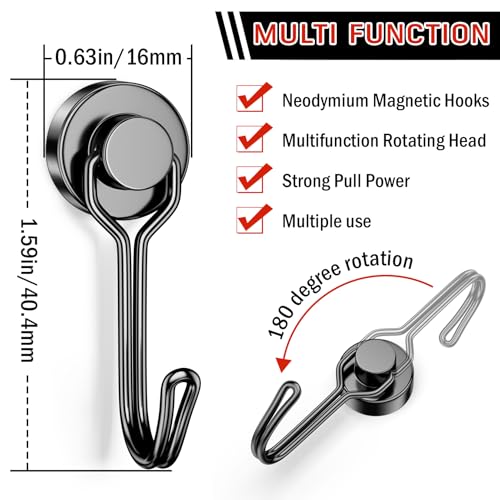 Image of FINDMAG Black Magnetic Hooks, 30lbs+ Strong Magnetic Hooks for Refrigerator, 2026 Cruise Ship Essentials, Swivel Swing Magnet Hooks for Garage, Home Organizaton, Whiteboard, Office Supplies - 20 Pack