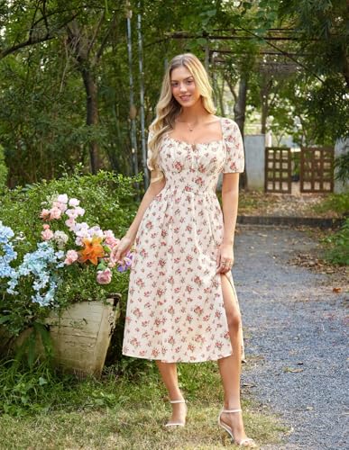 Image of Scarlet Darkness Women's Floral Corset Dress with Split 2026 Summer Spring Square Neck Midi Milkmaid Dresses