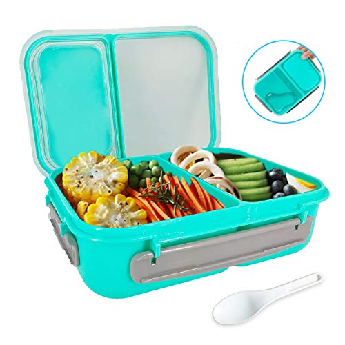 Tapusen 2 Compartimentos Fiambrera Cuadrada de Plástico,1600ML Fiambrera Sellada Bento A Prueba de Fugas, Recipientes Herméticos para Almacenamiento de Alimentos con Cuchara (Verde)