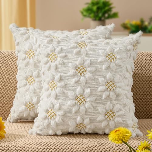 Image of DFXSZ Spring Summer Pillow Covers 18x18 inch Set of 2 Farmhouse Decor Yellow Color Flower Heart Sunflower Soft Plush Faux Fur Jacquard Throw Pillows for Sofa Holiday Spring Home Decor PTK024C18