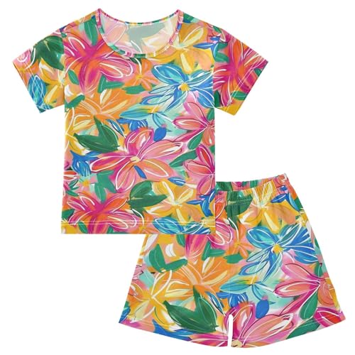 ALAZA Spring Flower Blossom Color Pajamas Short Sleeve 2 Piece Sleepwear Top and Bottom Pajama Set Unisex