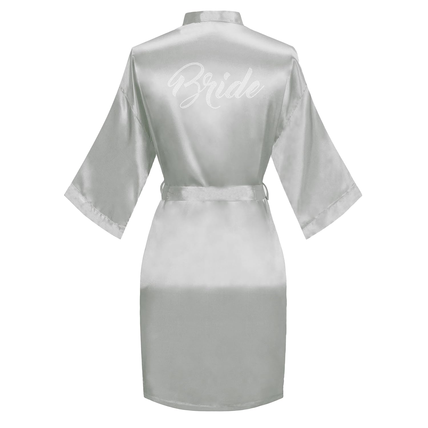 Women's Satin Robe Bride Bridesmaid Short Kimono Robes with Silver Rhinestones for Wedding Party Getting Ready