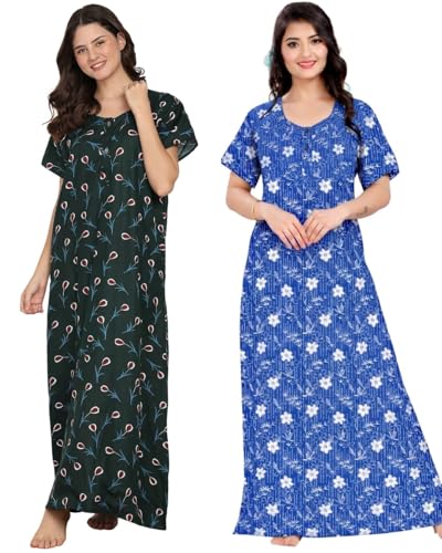 Image of Women Cotton Nighty Combo Pack of 2, Printed Maxi Nighty Gown, Short Sleeve Cotton Nightdress, Soft Breathable Ankle Length Sleepwear Nightwear for Ladies, Free Size
