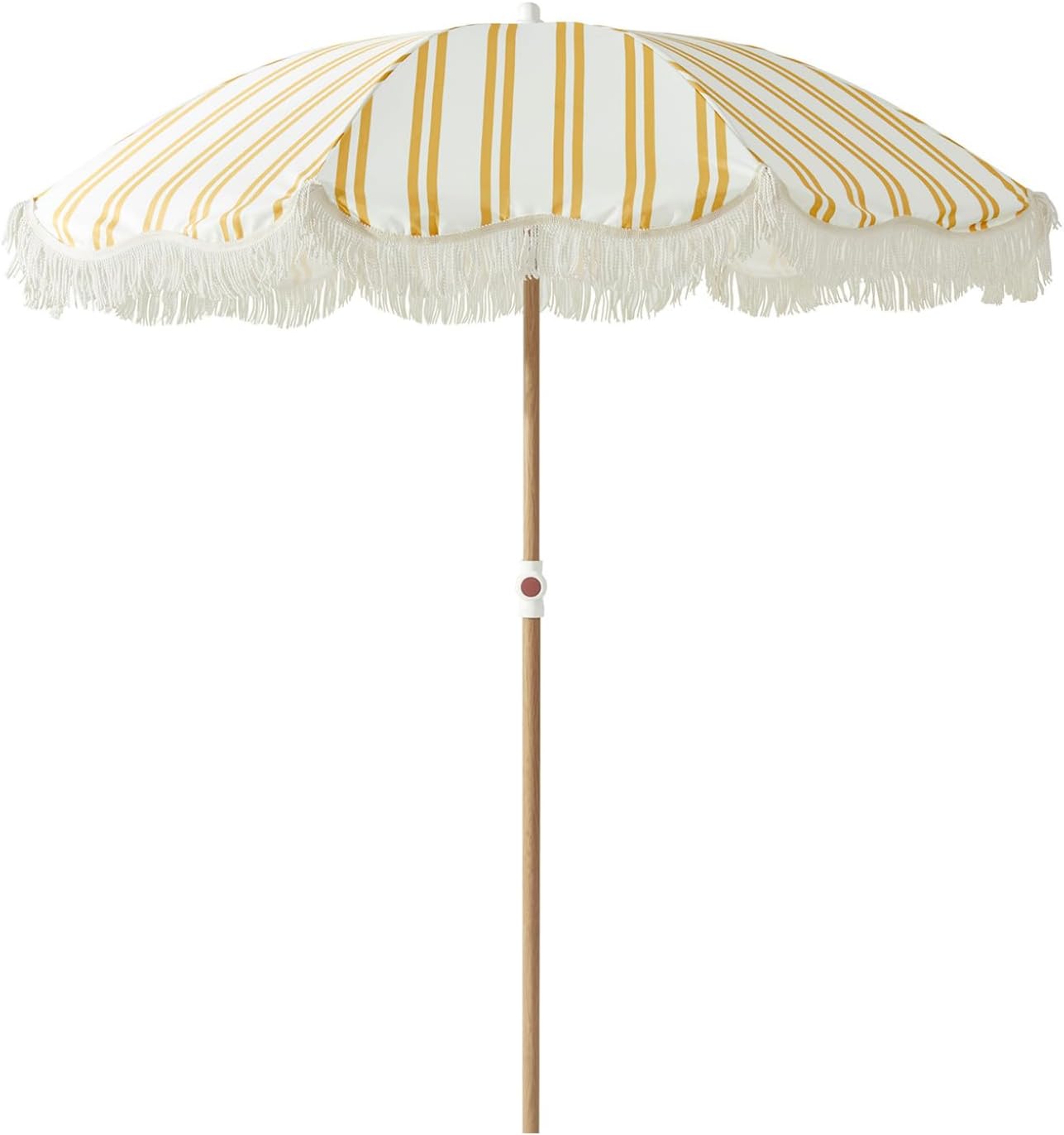 6.5FT Striped Beach Umbrella with Fringe, UPF 50+ Sun Protection, Adjustable Height and Tilt Design, Wind-Resistant Fiberglass Ribs, Sturdy Wood Grain Iron Pole, Lightweight & Portable with Carry Bag, Base Not Included Sunshine