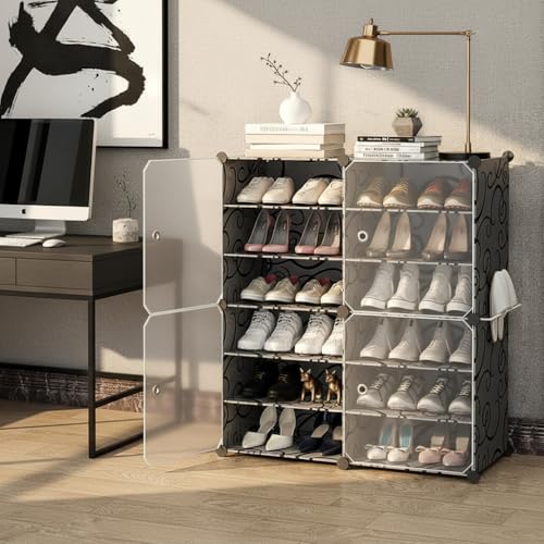 Image of Sunderlook Shoe Rack Plastic for Home- Slipper Stand, Professional Shoe Stand, Chappal Stand, Multipurpose Foldable Standing Comfort Runner Shoe Rack with Door (Black, 12 Shelf 4 Door)