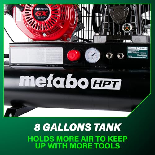 Metabo HPT Gas Powered Wheeled Air Compressor, 8 Gallon, 116 to 145 PSI, Professional Grade Honda GX Engine, Cast Iron Cylinder, Powerful Compression, Integrated Control Panel, EC2510E