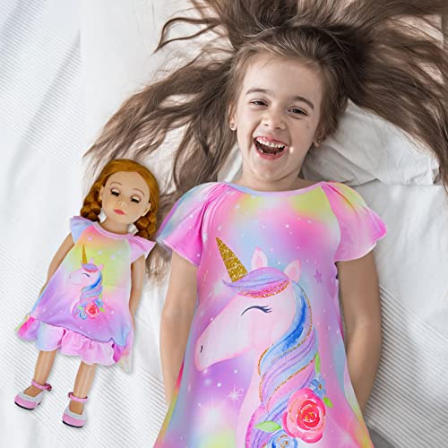 ICOSY Matching Girls & Doll Nightgowns Clothes Unicorn Pajamas Sleepwear Outfit for Girls and American 18" Girl Doll3