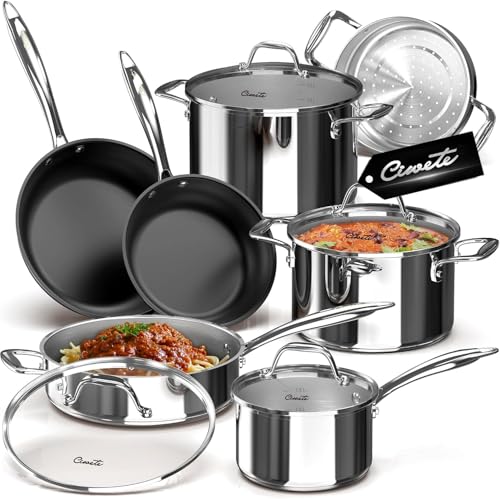 Image of Ciwete 11-Piece Stainless Steel Pots and Pans Set Non Stick, Tri-Ply Stainless Steel Cookware Set, Induction Kitchen Cookware Sets with Steamer Insert & Stay-Cool Handles, Dishwasher, Oven Safe