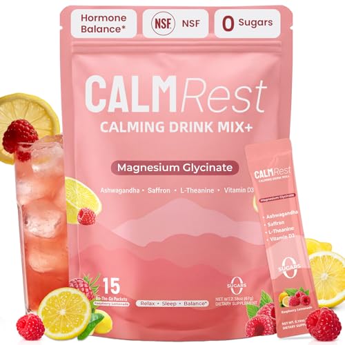 CalmRest Calm Magnesium Powder Cortisol Supplement for Women Hormone Balance Support* for Sleep & Relax Supports No Sugar Raspberry Lemonade 15Ct
