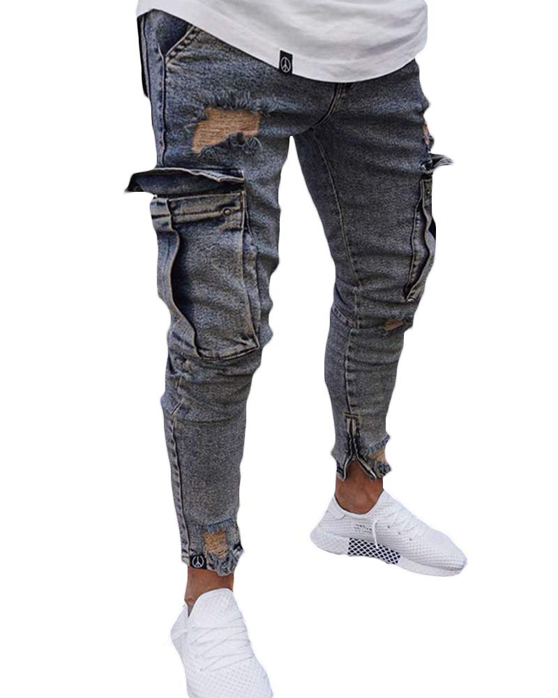 AnyuA Mens Stretch Skinny Ripped Jeans Pants Slim Fit Flex Denim Trousers Blue S