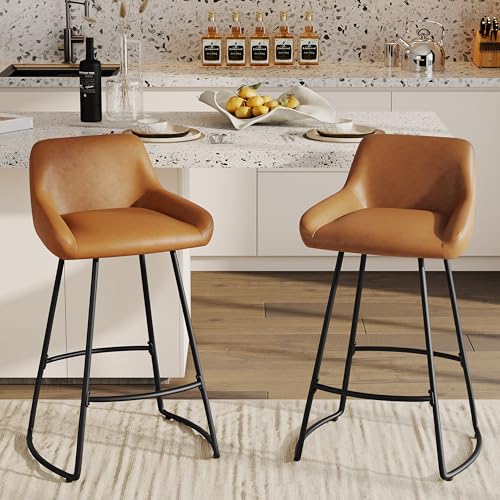 Butacos Alunaune de 30 pulgadas, set de 2 unidades, estilo mid century con tapizado en cuero sintético, sillas modernas para barra o isla de cocina con respaldo y patas metálicas - Marrón miniatura 3