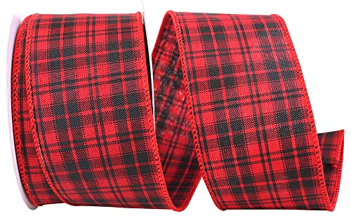 Image of Flannel Print Plaid Christmas Ribbon - 2 1 /2 inch x 10 Yards, Black & Red Buffalo Plaid, Wired Edge, Wreath, Farmhouse Decor, Garland, Gift Wrap, Wreath, Bows, Fundraiser