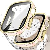 AIYYXX アップルウォッチ カバー40mm 44mm 41mm 45mm対応 アップルウォッチ 本体 ダブルダイヤモンド ガラスフィルム付 超薄型 PC+ガラス素材 高透過率apple watch カバーキズ防止 簡単に取り付け・取 全面保護 apple watch ケース(40mm，光沢のあるウォータープルーフのピンクとゴールド)