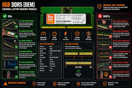 Image of 8GB DDR5 5600MHz OEM Laptop RAM Compatible with Micron [Key Specs: PC5-44800 /5600B | 262-Pin SO-DIMM | CL46 | 1Rx16 | 1.1V | Non-ECC] | 1 Year Seller Warranty