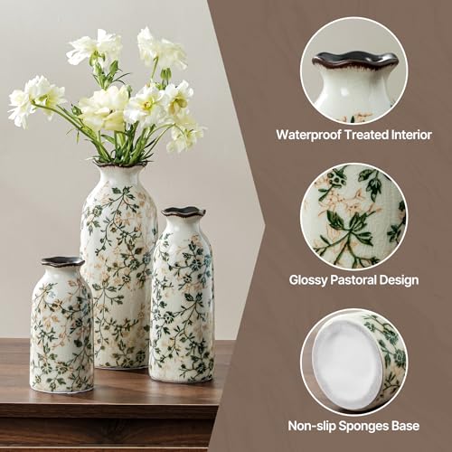 Image of Ceramic Flower Vases Set of 3 | Green Rustic Farmhouse Vase Set for Home Decor, Vintage Floral Decorative Vase for Living Room & Kitchen, Mantel & Bookshelf, Centerpieces, Entryway(5.9+7.9+9.9Inch)