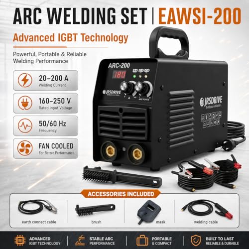 Image of Eastman EAWSI-200 Arc Welding Machine | 200A Inverter Welder with Advanced IGBT Technology | Lightweight 4kg Fan-Cooled Welder Set with Cables, Mask & Brush