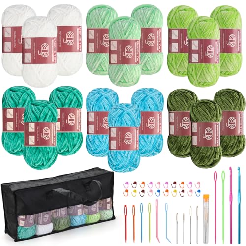 Image of Lunarm Chenille Yarn for Crocheting Knitting, 18 Pack of 100g /3.5oz Velvet Yarn Thick Soft Chunky Fluffy Weaving Plush for Blankets Clothes Pattern Creations 263 Yard(Blue Green Series)
