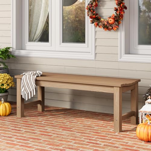 Image of Outdoor Bench Set of 2, 2-Person Patio Backless Benches, HIPS Weatherproof Garden Bench that Never Rot and Fade, Suit for Backyard, Church, Patio, Deck and Entryway (Teak)