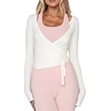 Women Ballet Wrap Top Long Sleeve Self Tie Dance Shirt Pilates Yoga Tops Y2k Workout Active Blouses