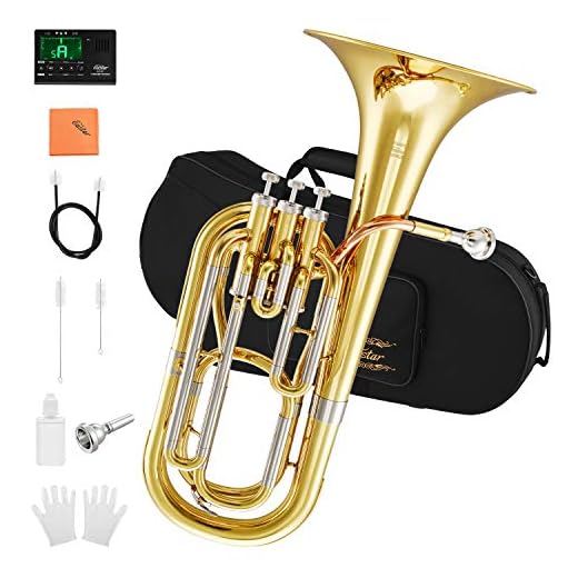 Eastar Marching Bb Baritone Horn Intermediate Gold Lacquer B Flat with Tuner Hard Case Baritone Mouthpiece Gloves Valve Oil Baritone Cleaning Kit, EBT-400