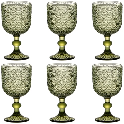 Taganov Green Glasses Drinking Wine Water Goblets Glassware set of 6 Vintage Stemware 12 Ounces for Wedding Party Bar Floral Pattern 350 ml